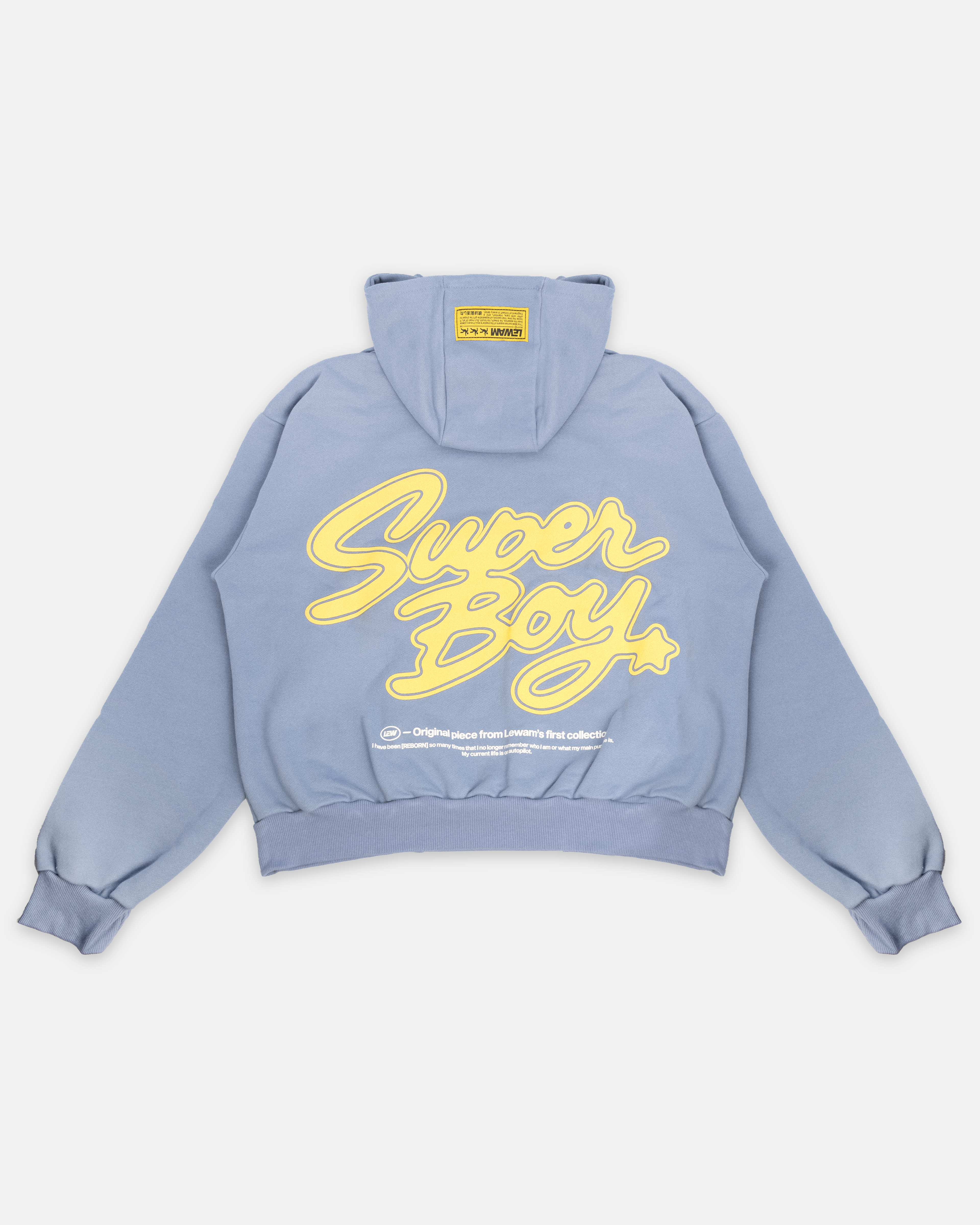Imagen del hoodie SuperBoy azul de Mi tienda, vista trasera, con capucha y diseño cómodo para niños.